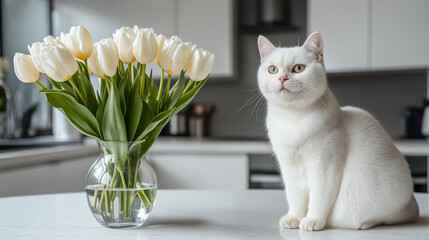 White British shorthair cat sitting near a vase of white tulips on a modern kitchen counter, concept of elegance and cozy home decor.