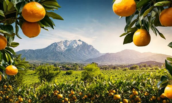 Vibrant orchards flourish against majestic mountains in a sunlit landscape filled with orange trees