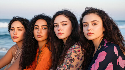Fototapeta premium Four women with long hair are sitting on the beach, posing for a picture