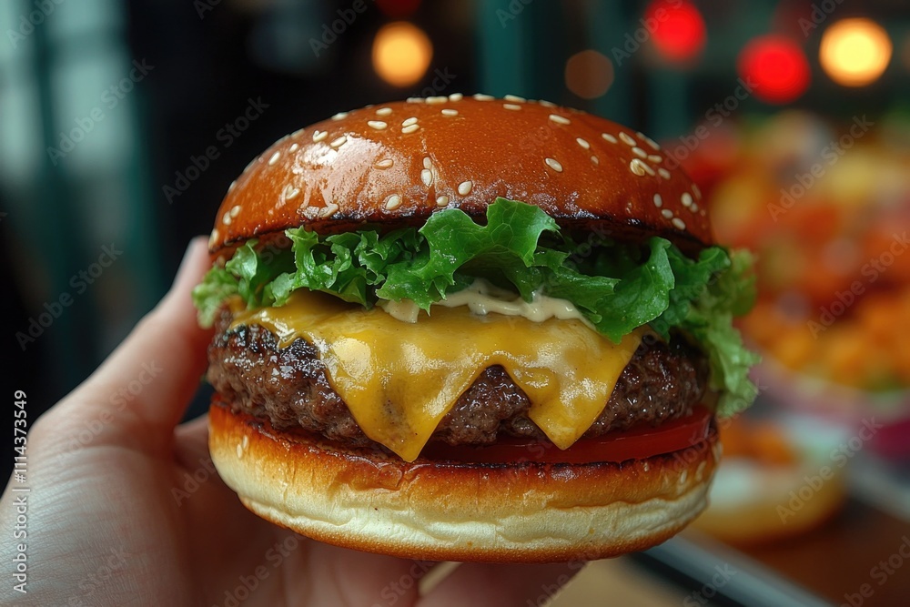 Aufkleber a person grasping a hamburger with melted cheese and crisp lettuce, ready to take a bite