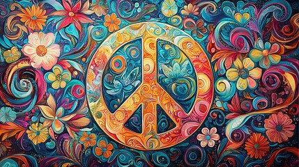 Colorful peace sign surrounded by vibrant flowers and swirling patterns