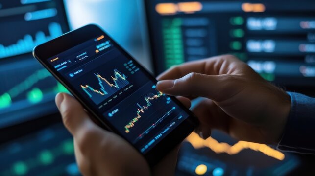 Chart analysis on smartphone in a modern trading environment with multiple displays showing market data