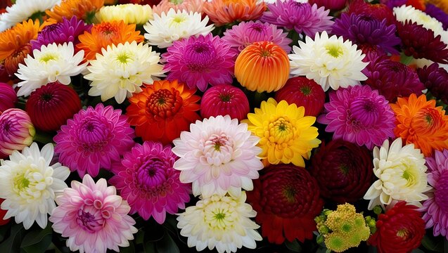 Colorful beautiful dahlia flowers, wallpaper backdrop. Pink red Dahlia flowers with rain drops, top view wallpaper background. Blossoming dalias bloom , flatlay