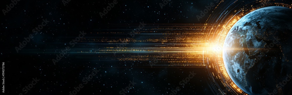 Poster The image illustrates global connectivity, showcasing digital networks and data flow worldwide, emphasizing the interconnected nature of modern technology with vibrant lines depicting speed.