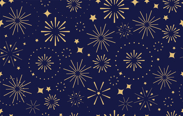 Seamless pattern with fireworks on the dark blue background. New Year, party, festival concept.