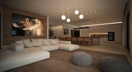 With a white sofa, wooden accents, ambient lighting, and minimalist interior design, this living room and kitchen are modern and open-concept.