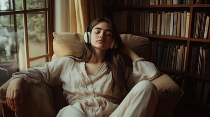 Obraz premium A young woman sitting in a cushioned chair by a large window, wearing wireless headphones, eyes closed, with a serene expression on her face while listening to an audiobook.