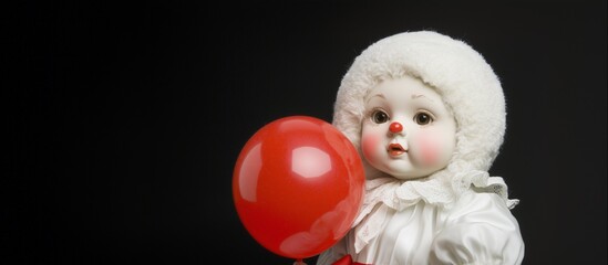 Fototapeta premium Clown doll holding a red balloon on a black background with space for text.