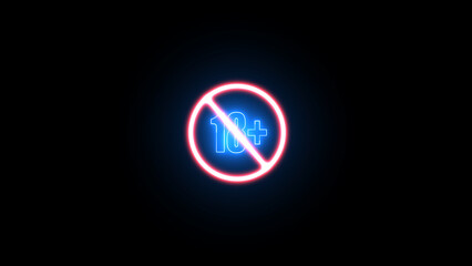 Glowing neon effect 18+ not allowed icon background. neon no under 18 sign icon.