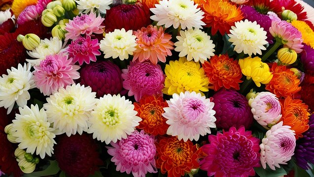 Colorful beautiful dahlia flowers, wallpaper backdrop. Pink red Dahlia flowers with rain drops, top view wallpaper background. Blossoming dalias bloom , flatlay