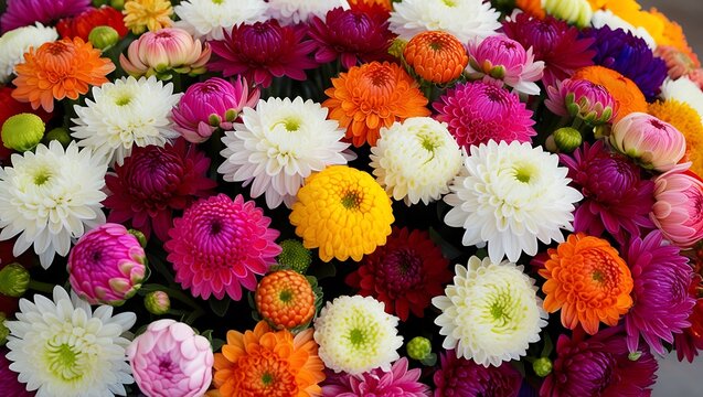 Colorful beautiful dahlia flowers, wallpaper backdrop. Pink red Dahlia flowers with rain drops, top view wallpaper background. Blossoming dalias bloom , flatlay