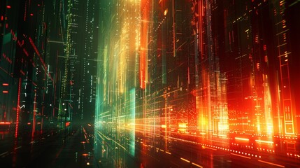 Fototapeta premium Futuristic city street at night with vibrant neon lights and glowing skyscrapers.