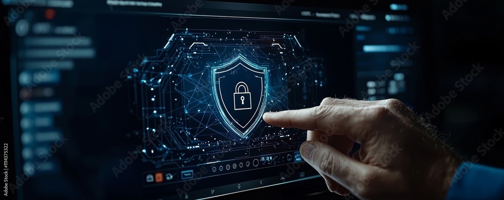 Leinwandbilder A businessman using a smartphone and laptop to work on internet security, focusing on firewall protection, data encryption, and safeguarding personal user information.