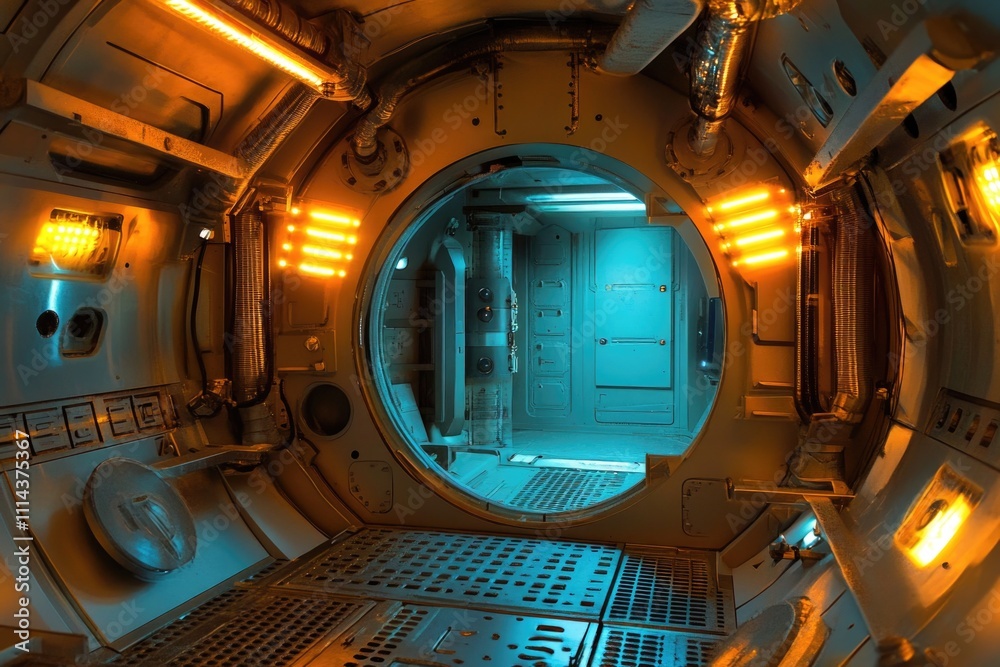 Poster interior shot of a futuristic space station with a round window looking out into space
