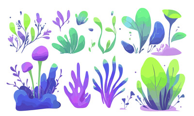 Colorful and cute hand drawn cartoon style imaginative nature and plants. vector separated on transparent background