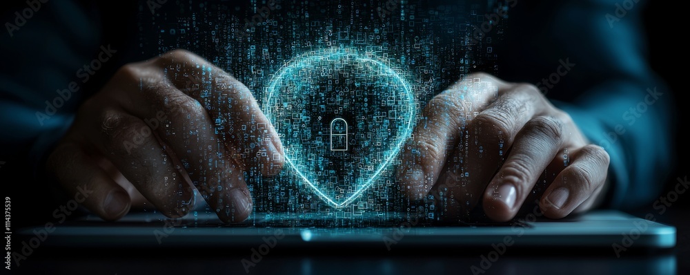 Aufkleber a businessman uses a laptop to ensure cyber security and data protection, safeguarding business and 