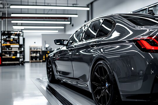 Luxury sedan with tinted windows inside modern automotive workshop in bright lighting