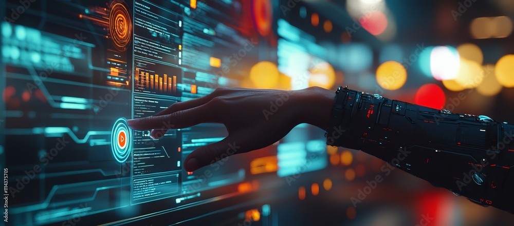Poster On a technology screen, a hand presses a button to represent a document management system