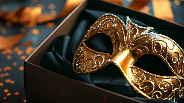 A beautifully designed golden masquerade mask resting in an elegant gift box adorned with delicate patterns and surrounded by scattered gold confetti on a luxurious background