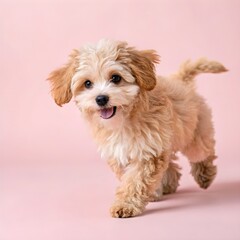 Obraz premium Cute maltipoo puppy dog on light pink background