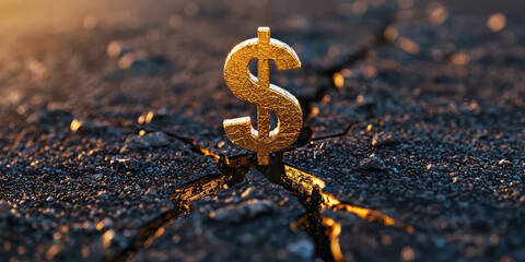 Large dollar sign with cracks spreading through cracked surface, symbolizing economic distress and instability