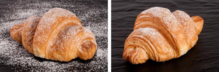 one croissant sprinkled with powdered sugar on black stone background closeup