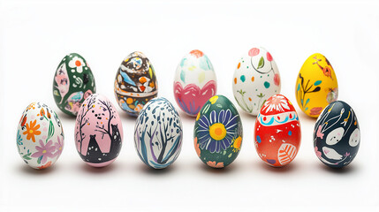 Easter eggs with unique colorful designs on a white background, vibrant festive composition.