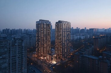 Fototapeta premium Aerial view of a city at night showcasing a solitary apartment building and office towers with illuminated facades, highlighting the vibrant real estate and commercial districts of the urban skyline.