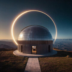 Obraz premium Observatory dome illuminated by unique celestial alignment at dusk in a remote mountainous region