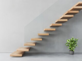 Floating staircase with glass panels and wooden steps, elegant and minimalist design in a contemporary office space