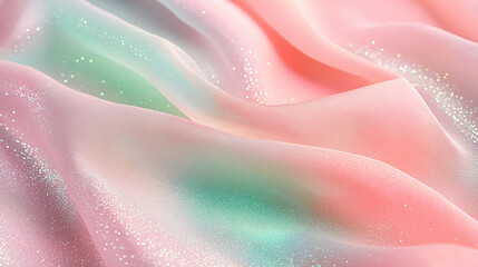 Pink and blue satin fabric with shimmer and glitter, soft folds and shiny texture for background design.