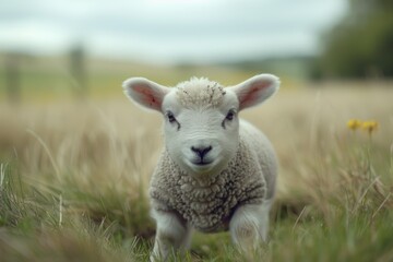 Fototapeta premium A sheep stands in a lush green field of tall grass, serene and natural