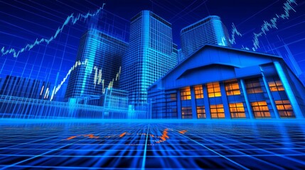 Cityscape with skyscrapers and building at night, overlaid with stock market graph.