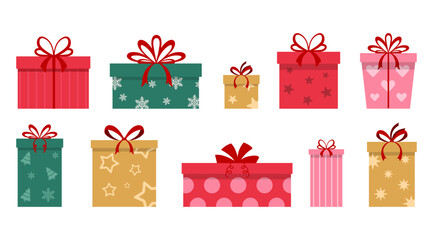 Christmas Gift box Hand drawn illustration vector, Isolated Birthday present box set vector design, Festive celebration graphic elements for decoration in Flat style, New year Greeting card