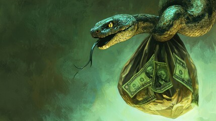 A snake holds a bag filled with money, symbolizing greed and deception in a dark, atmospheric setting.