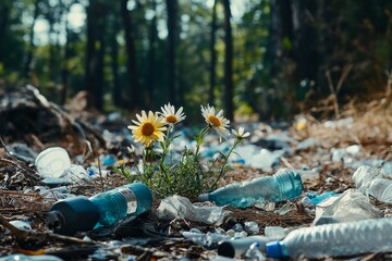 Obraz premium Wildflowers growing amidst plastic bottles in a forest clearing as a contrast of life and waste.
