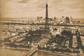 Vintage France. Eiffel Tower in Paris, Sepia Toned Old Postcard Photo
