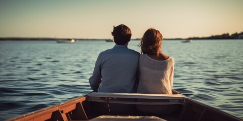 Happy couple relaxing on a yacht. Young and beautiful people on a sailing boat. Generative AI.