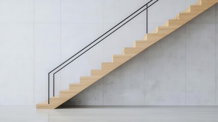 Floating wooden staircase with minimalist metal railings, clean and warm design in an office building