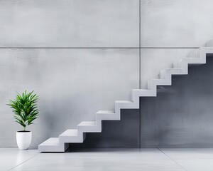 Sleek concrete staircase with thin metal handrails, minimalist and industrial design for a contemporary office