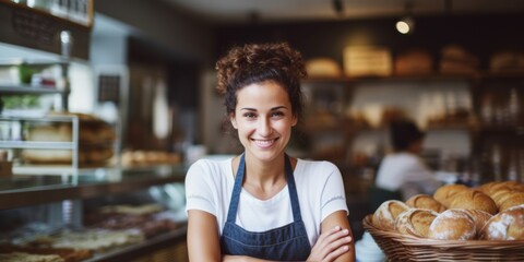 A young woman in uniform stands at the entrance to her bakery, in a welcoming pose. Generative AI.