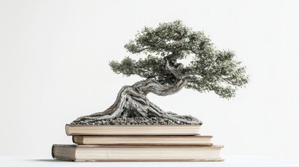 Bonsai Tree Growing from Books