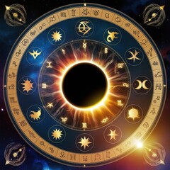 Obraz premium Cosmic alignment of zodiac signs with a solar eclipse in a mystical background