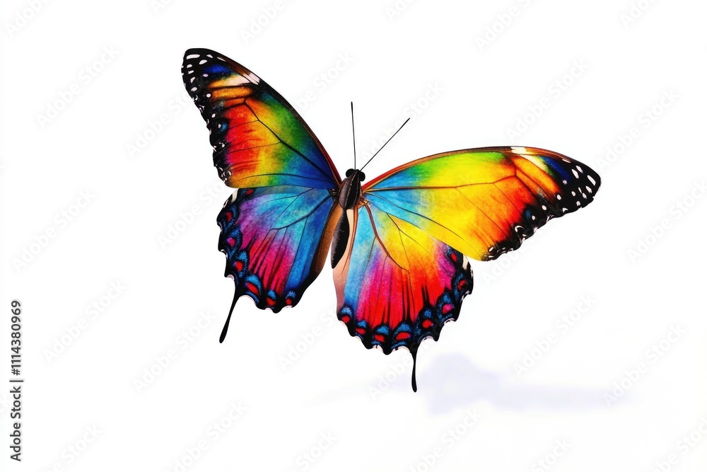 Poster a colorful butterfly perched on a white surface, perfect for illustrations and design projects