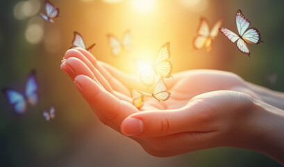 butterflies with rays of light fly out of the open palms