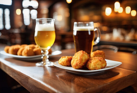 Croquetas doradas con cervezas clara y oscura en mesa de madera en un ambiente c&aacute;lido de restaurante.