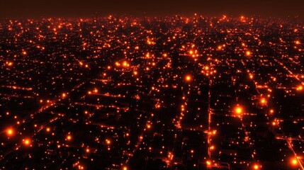 Naklejka premium Aerial Night View of City Lights: A Sea of Orange Glowing in the Darkness