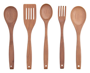 PNG A collection of wooden kitchen utensils including a spatula, slotted spoon, and various spoons and forks. - Powered by Adobe