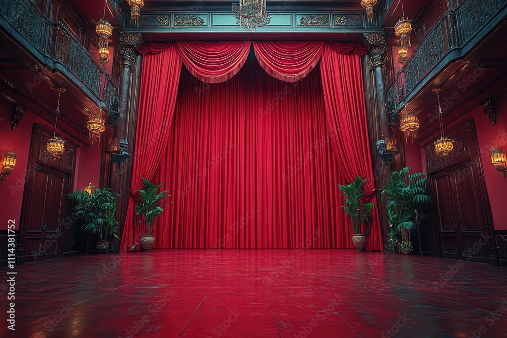 Poster a cozy room with a bright red curtain and matching floor, perfect for a dramatic backdrop or intimat