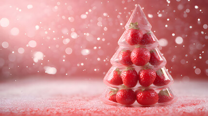 a christmas tree made of strawberries sits in a clear plastic container. Generative AI